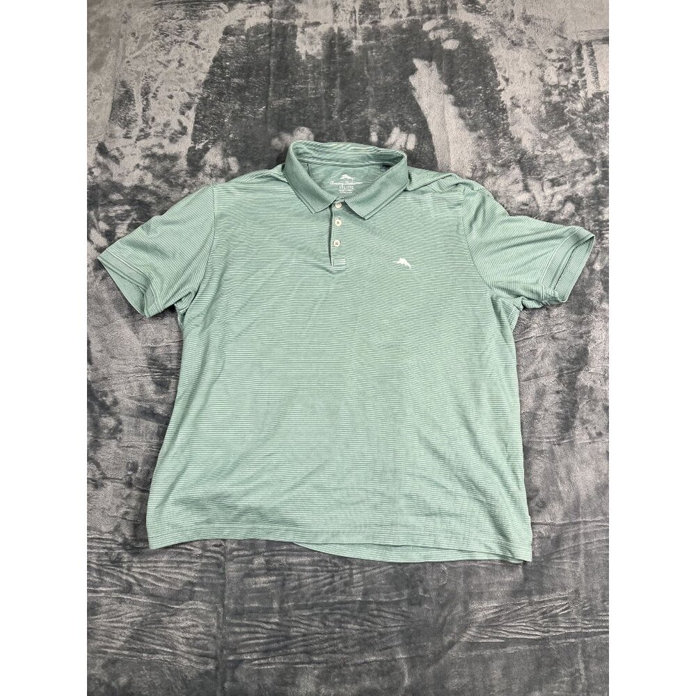 Tommy Bahama XXL Green Striped Polo Shirt Mens Short Sleeve Cotton Blend